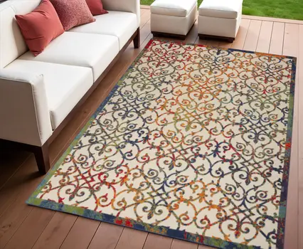 4' X 6' Ivory Blue Orange And Green Trellis Indoor Outdoor Area Rug