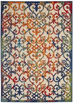 5' X 8' Ivory Blue Orange And Green Trellis Indoor Outdoor Area Rug