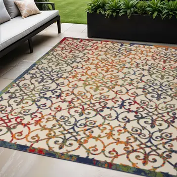 5' X 8' Ivory Blue Orange And Green Trellis Indoor Outdoor Area Rug