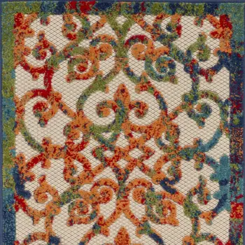 8' Ivory Blue Orange And Green Trellis Indoor Outdoor Runner Rug