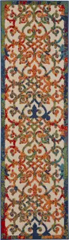 10' Ivory Blue Orange And Green Trellis Indoor Outdoor Runner Rug