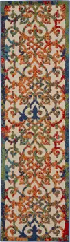 10' Ivory Blue Orange And Green Trellis Indoor Outdoor Runner Rug