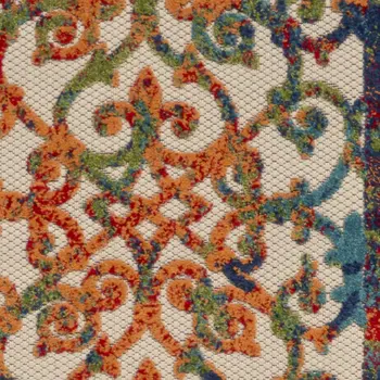 10' Ivory Blue Orange And Green Trellis Indoor Outdoor Runner Rug