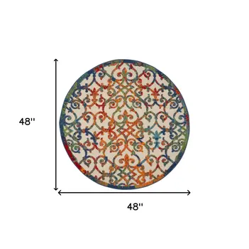 4' Ivory Blue Orange And Green Round Trellis Indoor Outdoor Area Rug
