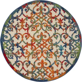 5' Ivory Blue Orange And Green Round Trellis Indoor Outdoor Area Rug