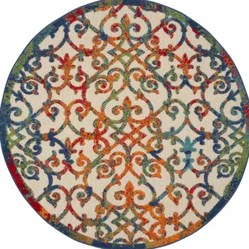 5' Ivory Blue Orange And Green Round Trellis Indoor Outdoor Area Rug