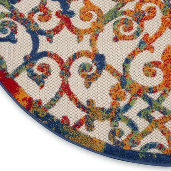 5' Ivory Blue Orange And Green Round Trellis Indoor Outdoor Area Rug