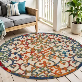 5' Ivory Blue Orange And Green Round Trellis Indoor Outdoor Area Rug