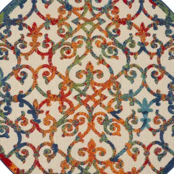 5' Ivory Blue Orange And Green Round Trellis Indoor Outdoor Area Rug