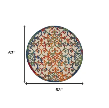 5' Ivory Blue Orange And Green Round Trellis Indoor Outdoor Area Rug