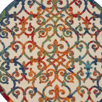 5' Ivory Blue Orange And Green Round Trellis Indoor Outdoor Area Rug