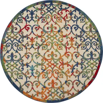 8' Ivory Blue Orange And Green Round Trellis Indoor Outdoor Area Rug