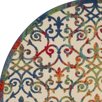 8' Ivory Blue Orange And Green Round Trellis Indoor Outdoor Area Rug