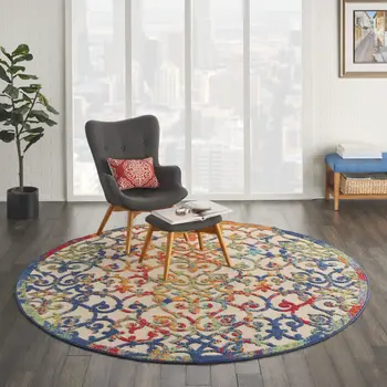 8' Ivory Blue Orange And Green Round Trellis Indoor Outdoor Area Rug
