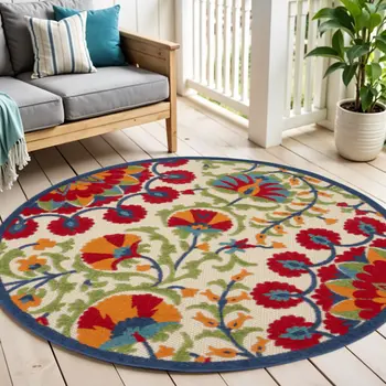 4' Navy Blue Beige Green Blue And Red Round Floral Indoor Outdoor Area Rug