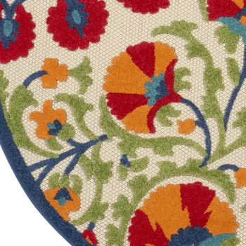 4' Navy Blue Beige Green Blue And Red Round Floral Indoor Outdoor Area Rug