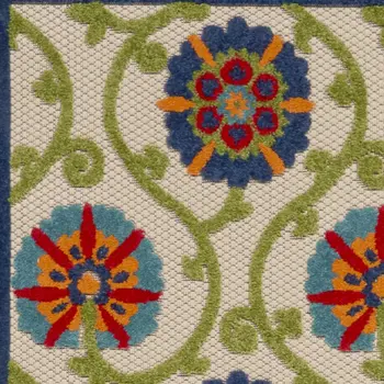12' Navy Blue Beige Green Blue And Red Floral Indoor Outdoor Runner Rug
