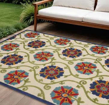 7' X 10' Navy Blue Beige Green Blue And Red Floral Indoor Outdoor Area Rug