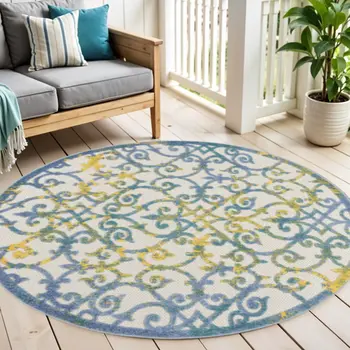4' Ivory Blue And Yellow Round Trellis Indoor Outdoor Area Rug