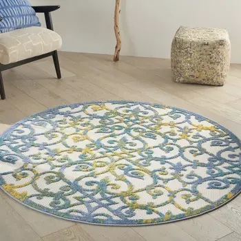4' Ivory Blue And Yellow Round Trellis Indoor Outdoor Area Rug