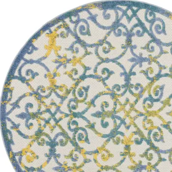 4' Ivory Blue And Yellow Round Trellis Indoor Outdoor Area Rug