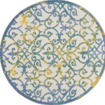 5' Ivory Blue And Yellow Round Trellis Indoor Outdoor Area Rug
