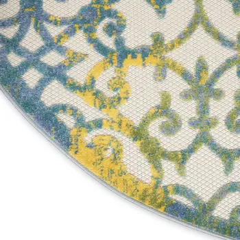 5' Ivory Blue And Yellow Round Trellis Indoor Outdoor Area Rug