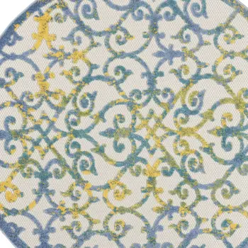 5' Ivory Blue And Yellow Round Trellis Indoor Outdoor Area Rug