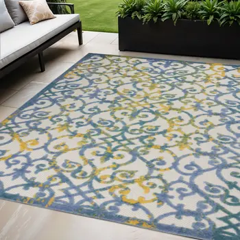 5' X 8' Ivory Blue And Yellow Trellis Indoor Outdoor Area Rug