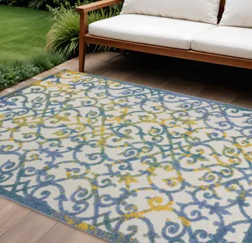 8' X 11' Ivory Blue And Yellow Trellis Indoor Outdoor Area Rug