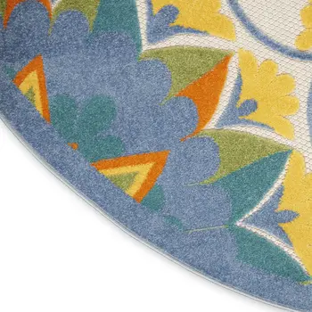4' Ivory Blue Yellow And Orange Round Floral Indoor Outdoor Area Rug