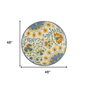 4' Ivory Blue Yellow And Orange Round Floral Indoor Outdoor Area Rug