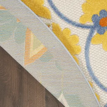 5' Ivory Blue Yellow And Orange Round Floral Indoor Outdoor Area Rug