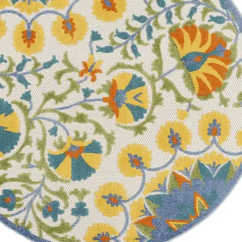 5' Ivory Blue Yellow And Orange Round Floral Indoor Outdoor Area Rug