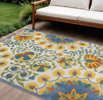 6' X 9' Ivory Blue Yellow And Orange Floral Indoor Outdoor Area Rug