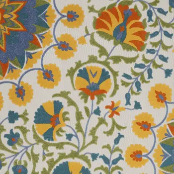 7' X 10' Ivory Blue Yellow And Orange Floral Indoor Outdoor Area Rug