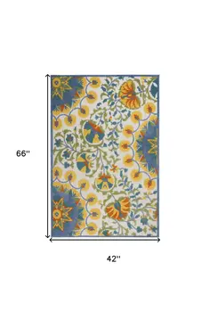 4' X 6' Ivory Blue Yellow And Orange Floral Indoor Outdoor Area Rug