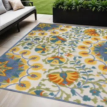 5' X 8' Ivory Blue Yellow And Orange Floral Indoor Outdoor Area Rug