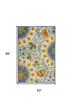 5' X 8' Ivory Blue Yellow And Orange Floral Indoor Outdoor Area Rug