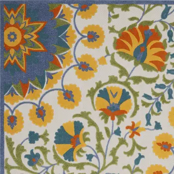 8' X 11' Ivory Blue Yellow And Orange Floral Indoor Outdoor Area Rug