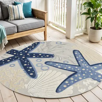 4' Navy Blue And Gray Round Starfish Indoor Outdoor Area Rug