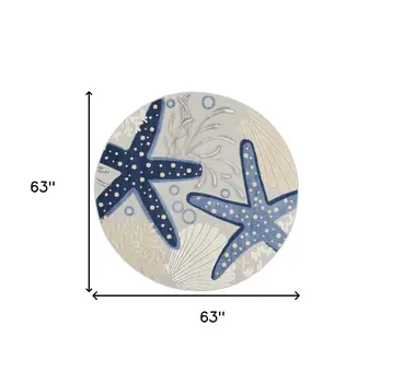 5' Navy Blue And Gray Round Starfish Indoor Outdoor Area Rug