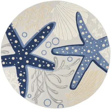 8' Navy Blue And Gray Round Starfish Indoor Outdoor Area Rug