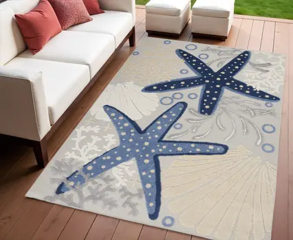 4' X 6' Navy Blue And Gray Starfish Indoor Outdoor Area Rug