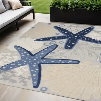 5' X 8' Navy Blue And Gray Starfish Indoor Outdoor Area Rug