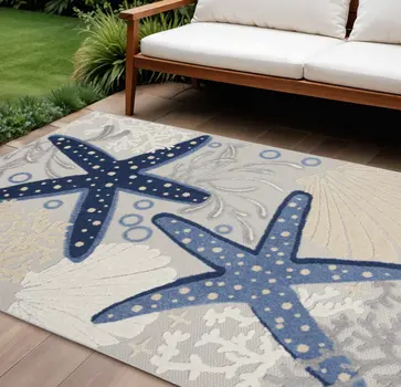 8' X 11' Blue And Gray Starfish Indoor Outdoor Area Rug