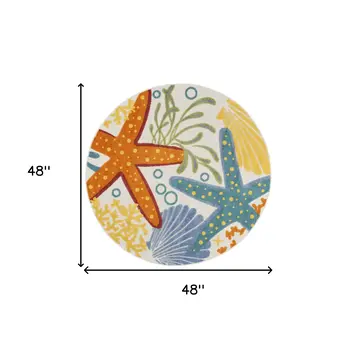 4' Blue Yellow And Orange Round Starfish Indoor Outdoor Area Rug