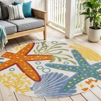 5' Blue Yellow And Orange Round Starfish Indoor Outdoor Area Rug