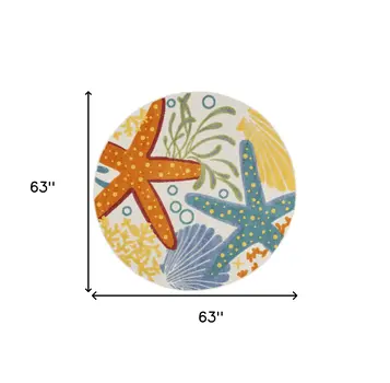5' Blue Yellow And Orange Round Starfish Indoor Outdoor Area Rug