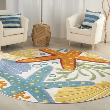 8' Blue Yellow And Orange Round Starfish Indoor Outdoor Area Rug
